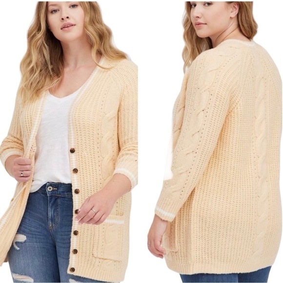 NEW Torrid Chunky Cable Knit Boyfriend V-Neck Cardigan Sweater in Butter Sz 3 - Picture 1 of 15